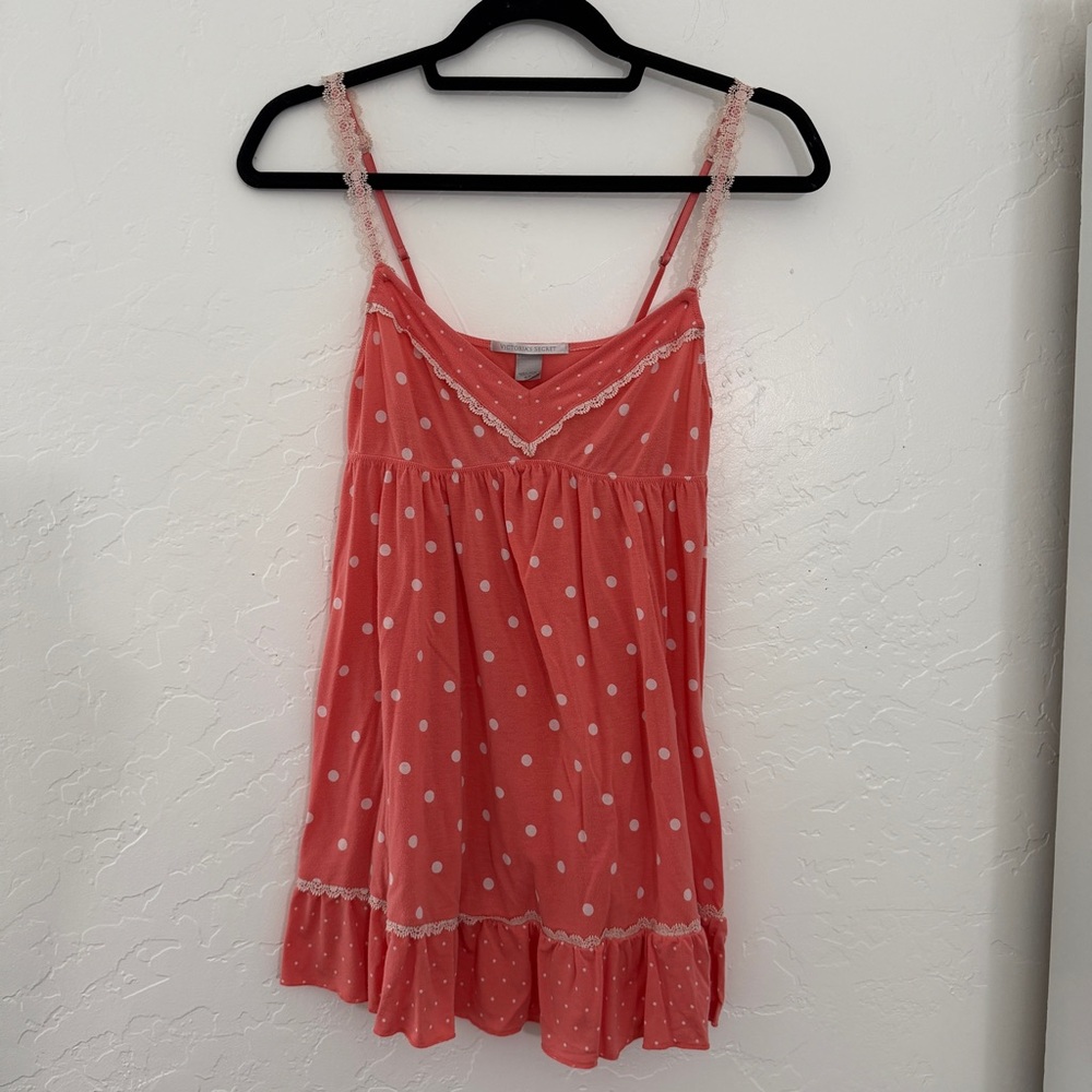 Victoria’s Secret Vintage Babydoll Slip Dress Coral Polka Dot Lace Trim Y2K S